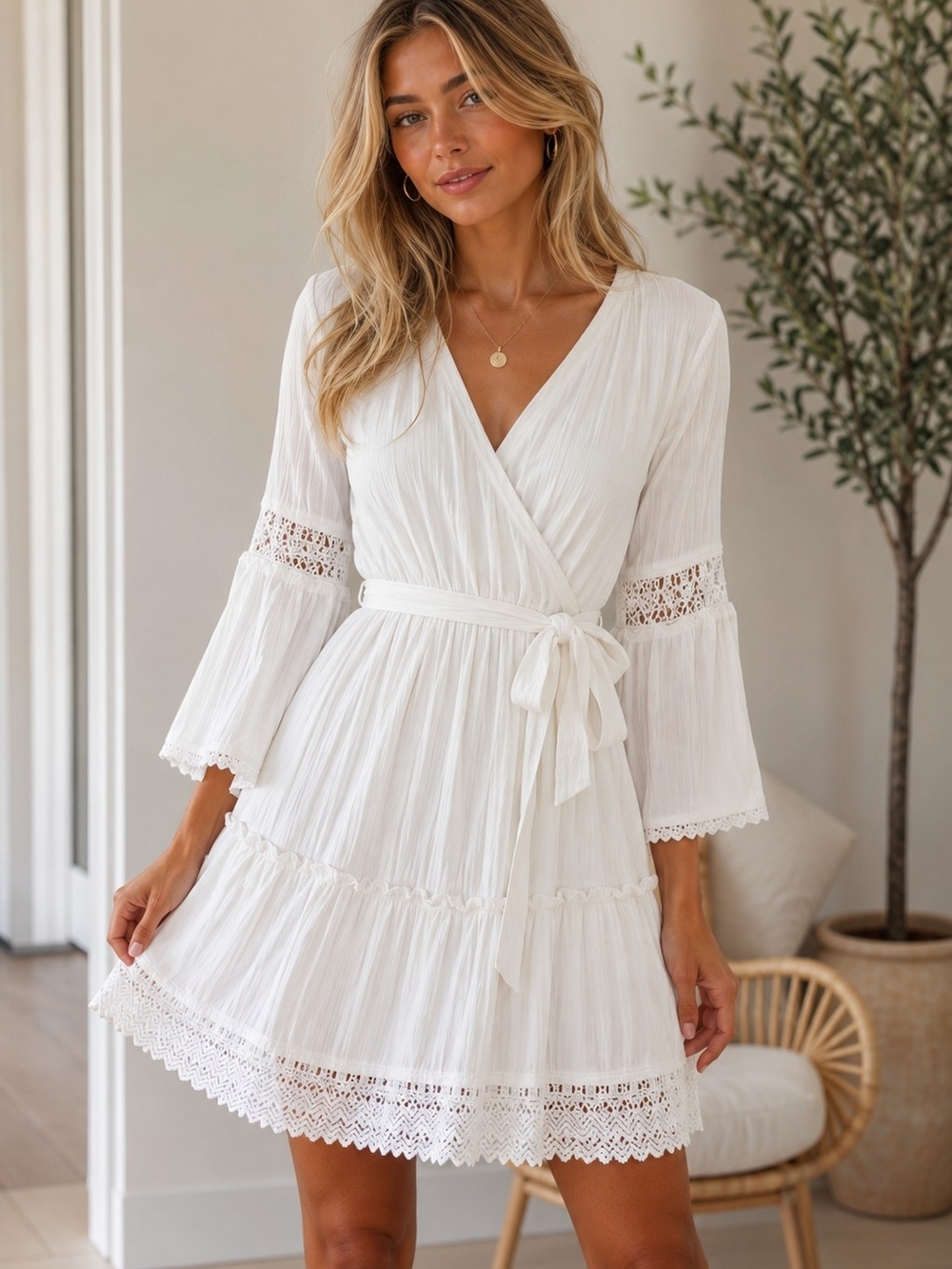 White Lace-Trim Wrap Dress - Women's